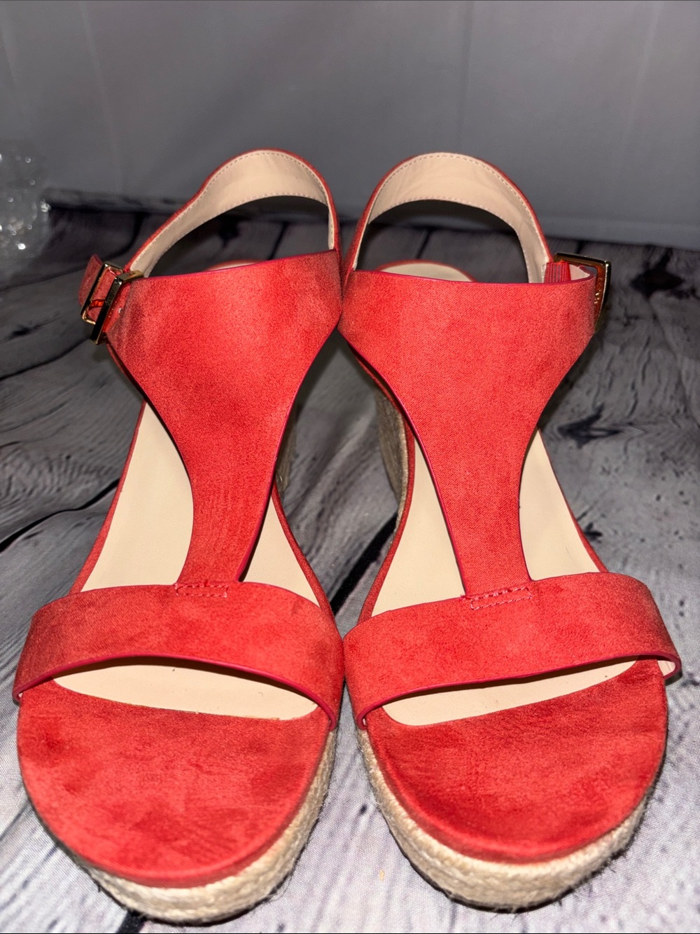 Kenneth Cole Reaction Red Suede T-Strap Wedge Sandals with Ankle Buckle